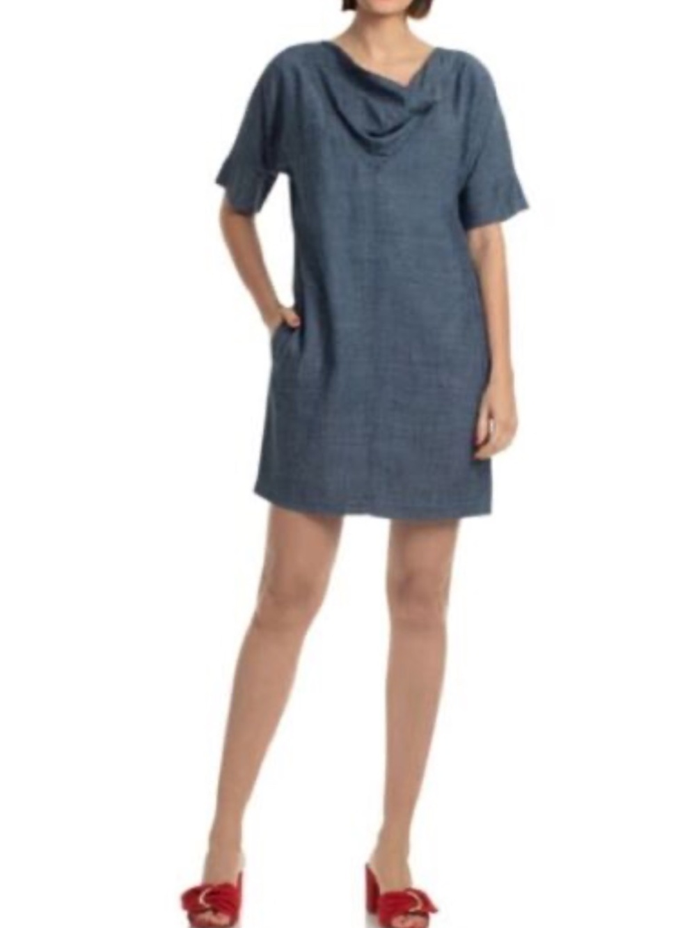 Trina Turk Cowl Drape Neck Blue Chambray Linen Blend Shift Dress Sz L
